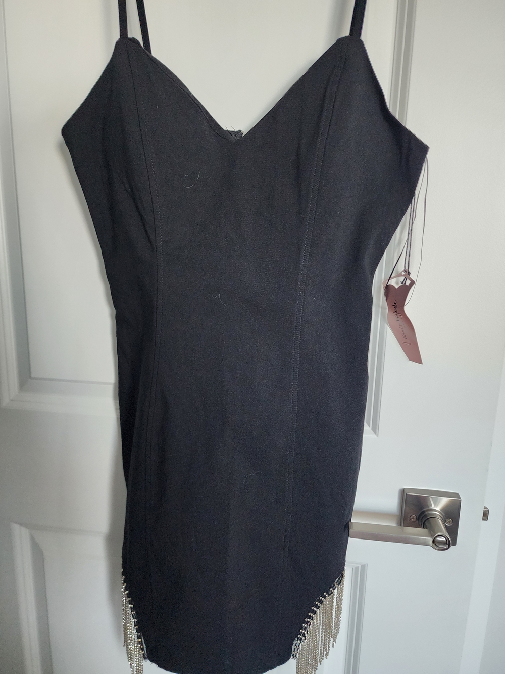 Haute Monde Black Spaghetti Strap Mini Dress with Fringe